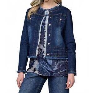 NEW PICADILLY collarless frayed edge denim jacket in blue